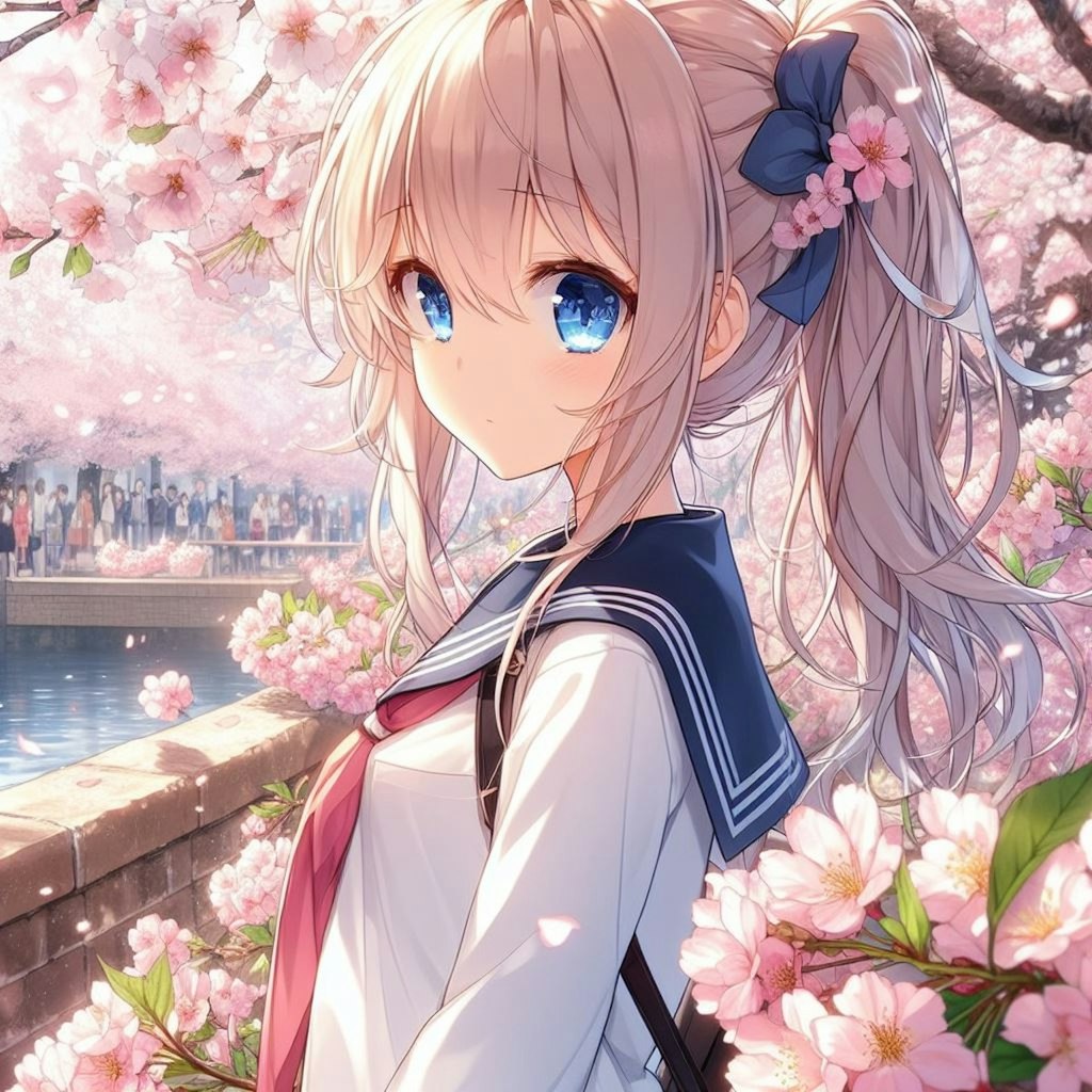 満開の桜と少女