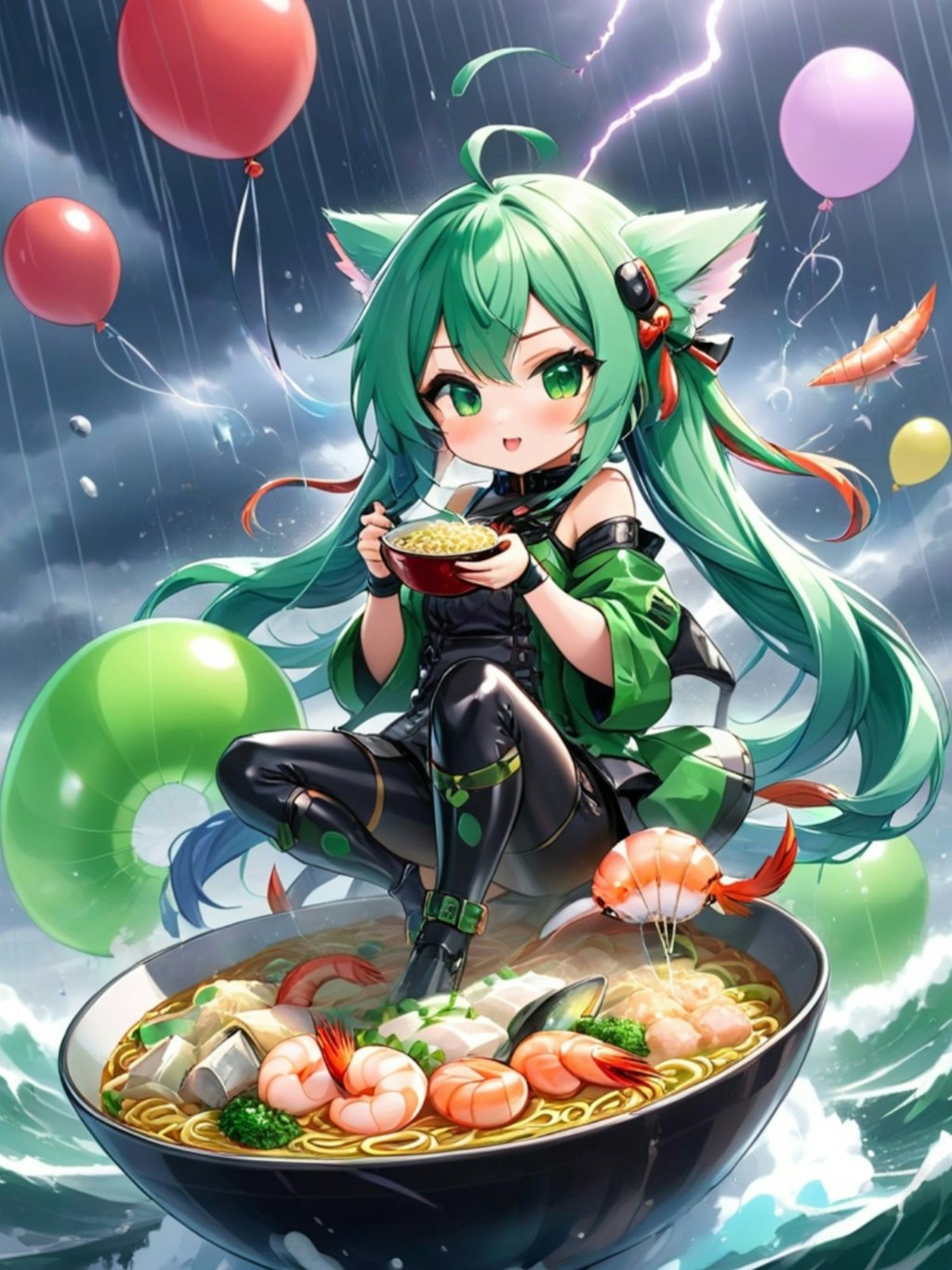海鮮ラーメンを食べる緑髪ちゃん