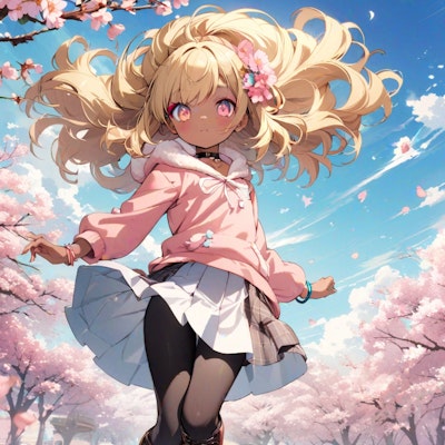 桜の咲く公園を散歩するコギャル