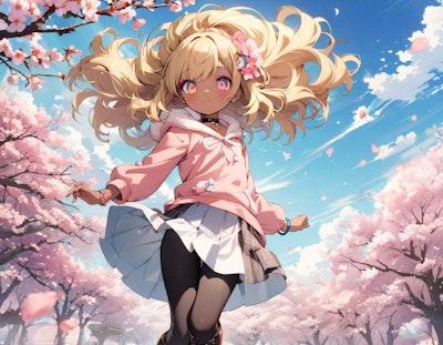 桜の咲く公園を散歩するコギャル