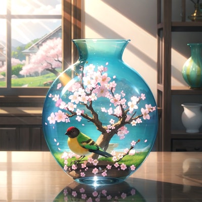 鳥と桜模様のガラス花瓶