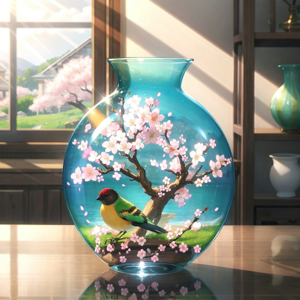 鳥と桜模様のガラス花瓶