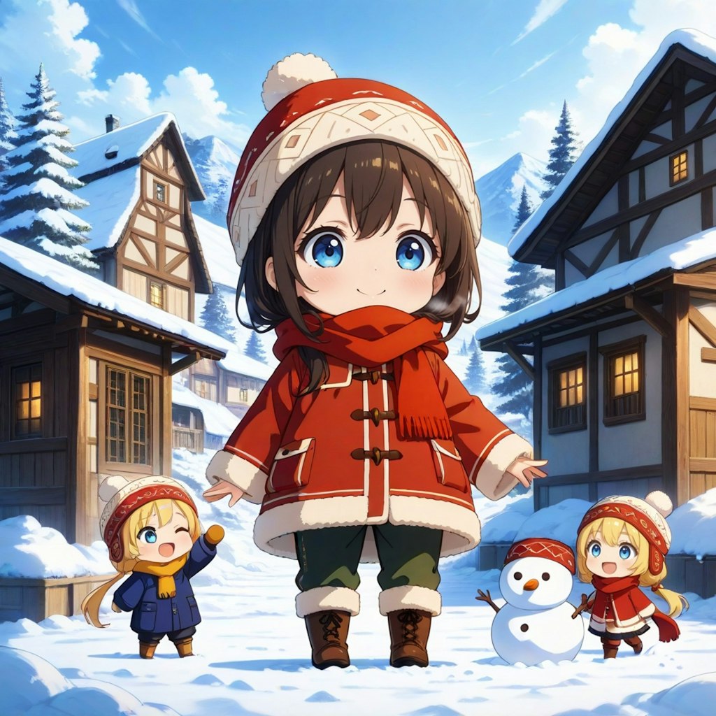 正月に雪遊びを楽しむミニキャラ村