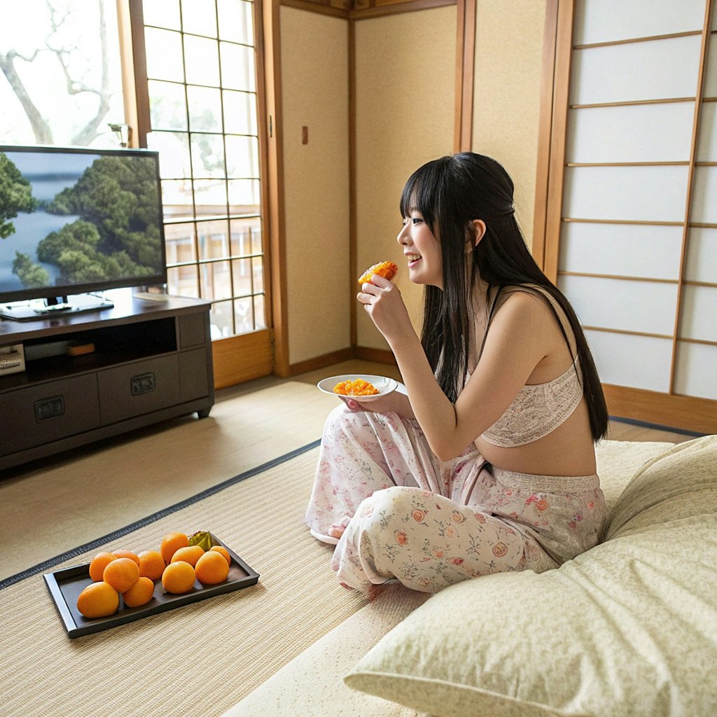 何か食べながらテレビを見てる女性