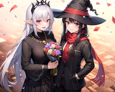 花束贈呈する銀髪竜姫と魔女
