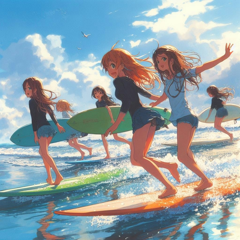 サーフィンを楽しむ少女たち