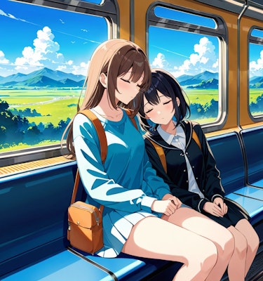 電車の座席で隣り合って眠る百合