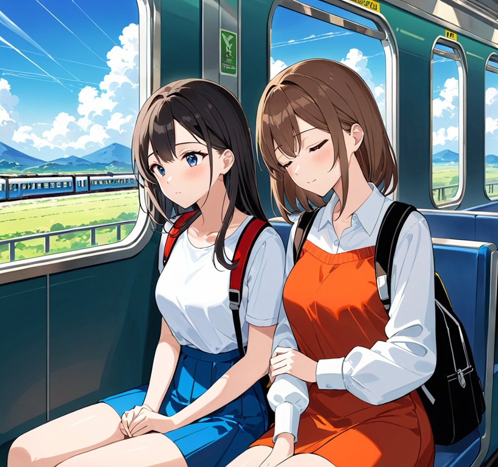 電車の座席で隣り合って眠る百合