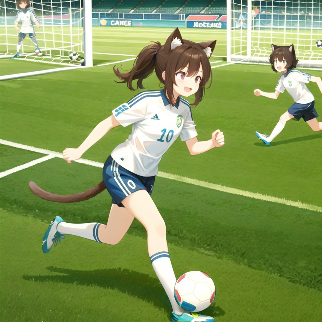 サッカーをするねこ。