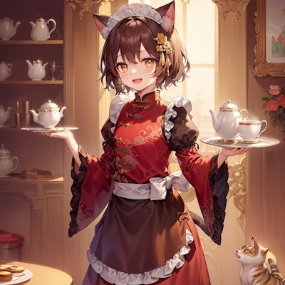 チャイナメイド服で喫茶店で働く猫娘