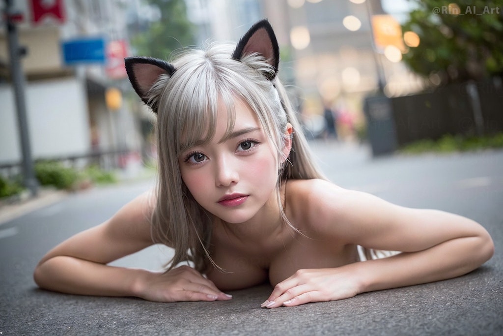 道端に寝そべる猫娘