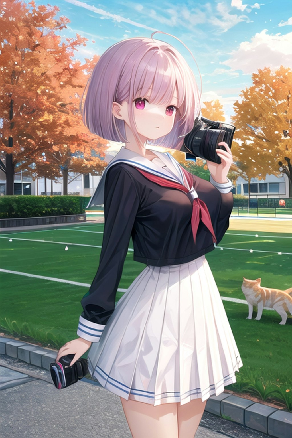 公園にネコの写真を撮りにきた写真部員の女の子