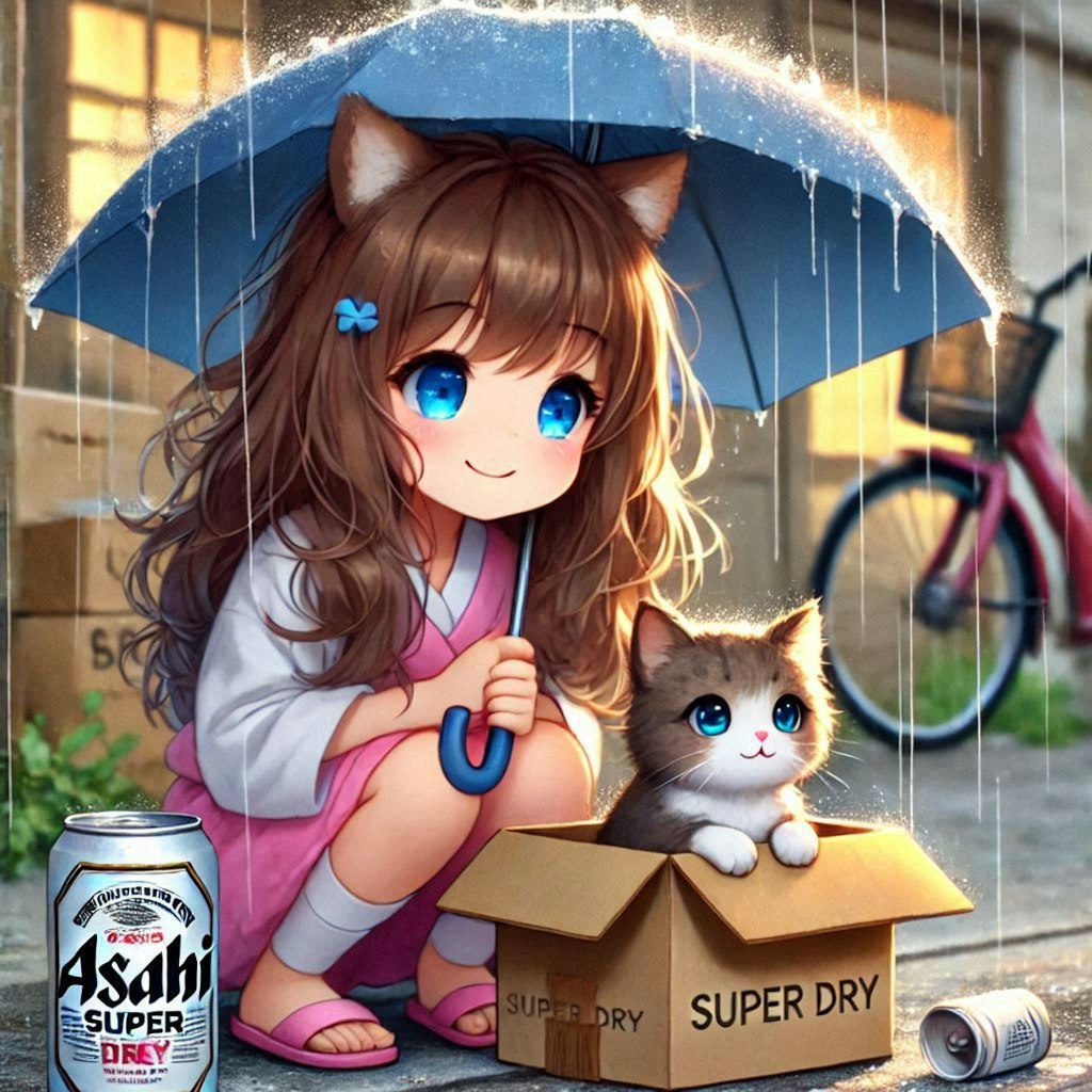 雨の日、猫に会った小さな女の子