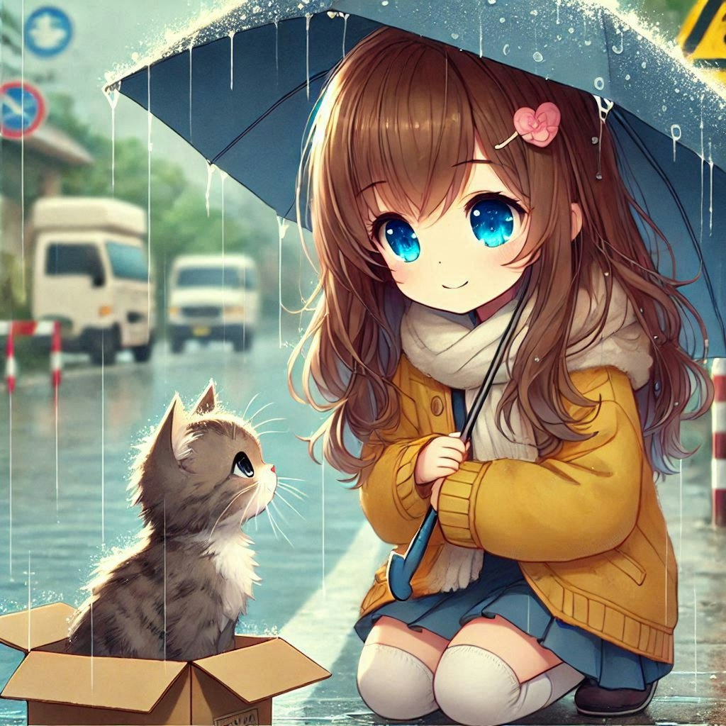 雨の日、猫に会った小さな女の子