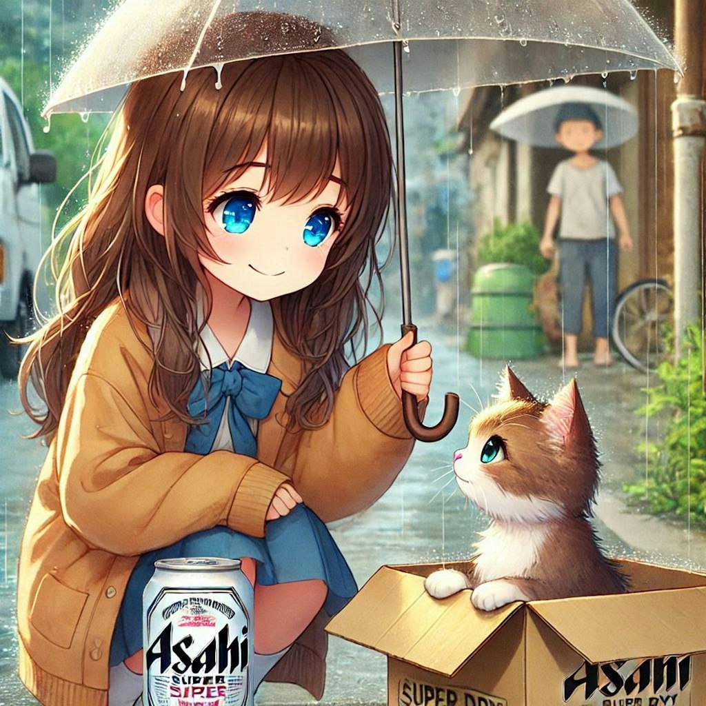 雨の日、猫に会った小さな女の子