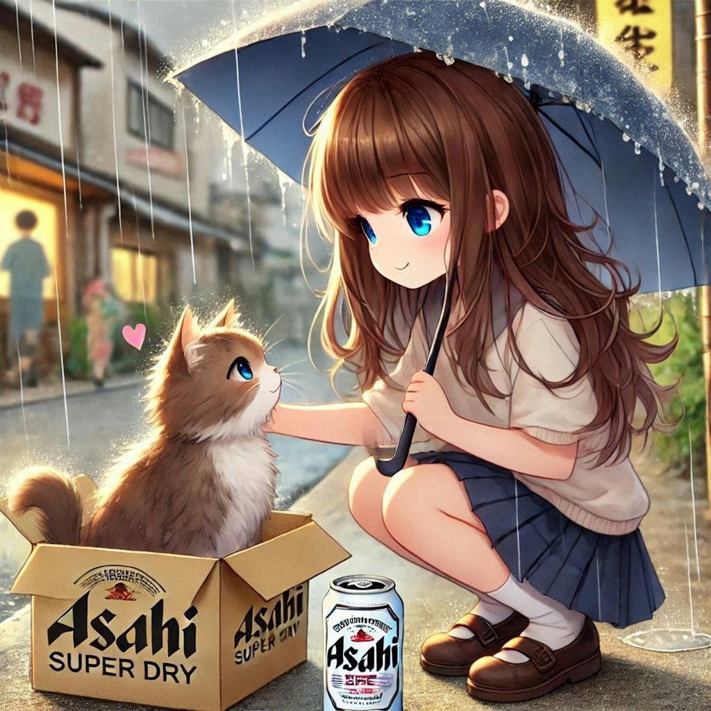 雨の日、猫に会った小さな女の子