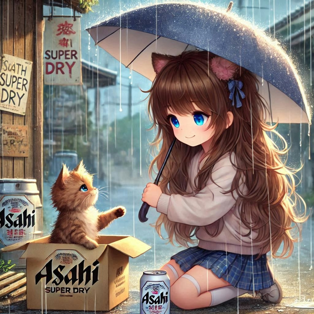 雨の日、猫に会った小さな女の子