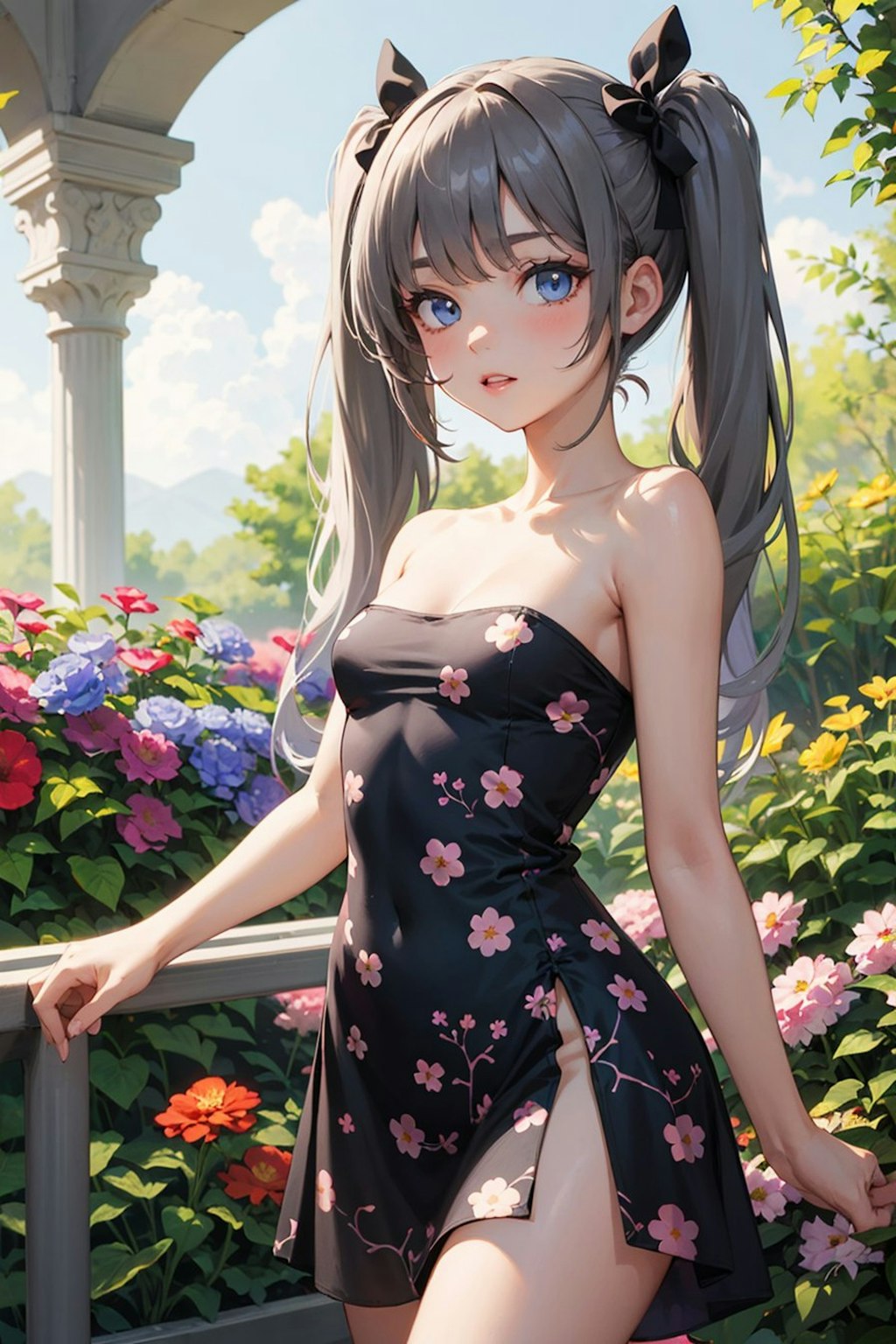 黒の花柄ドレスのツインテールの少女