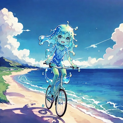 海沿いの道を自転車に乗って走っている少女
