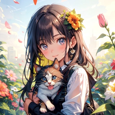 女の子と猫と花