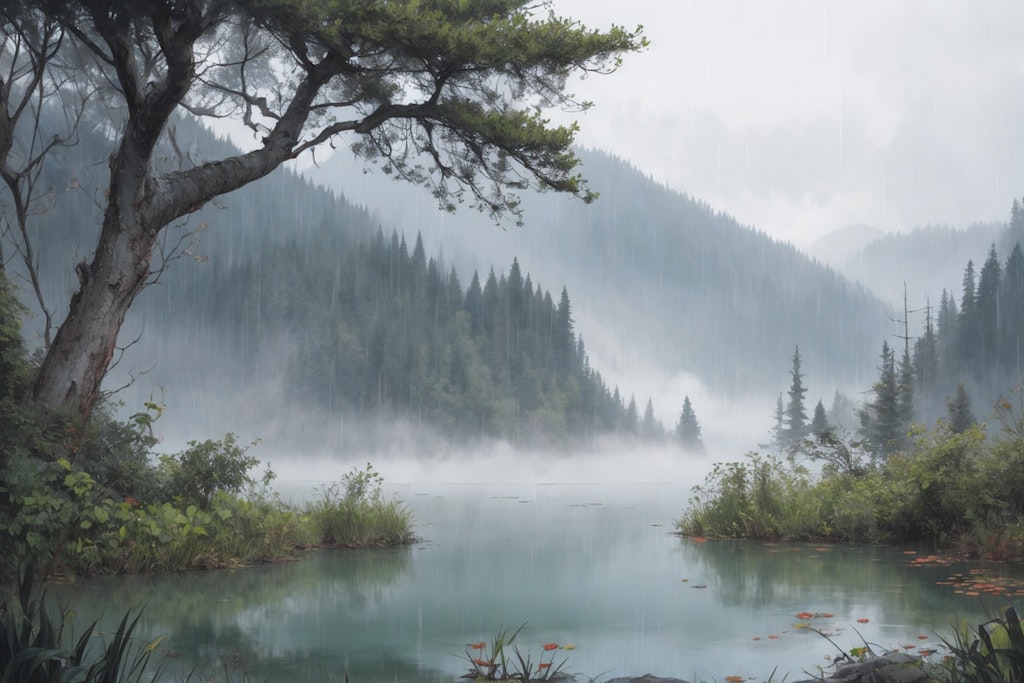 静かな湖畔の森の風景