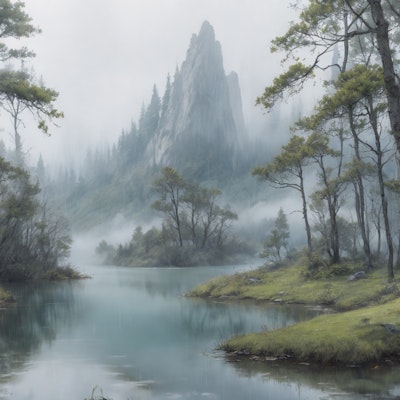 静かな湖畔の森の風景
