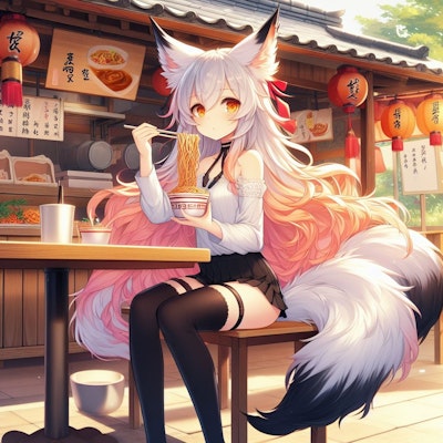 アジア風屋台でミーゴレンを食べる狐っ娘　－Fox girl eating mee goreng at an Asian-style food stall.