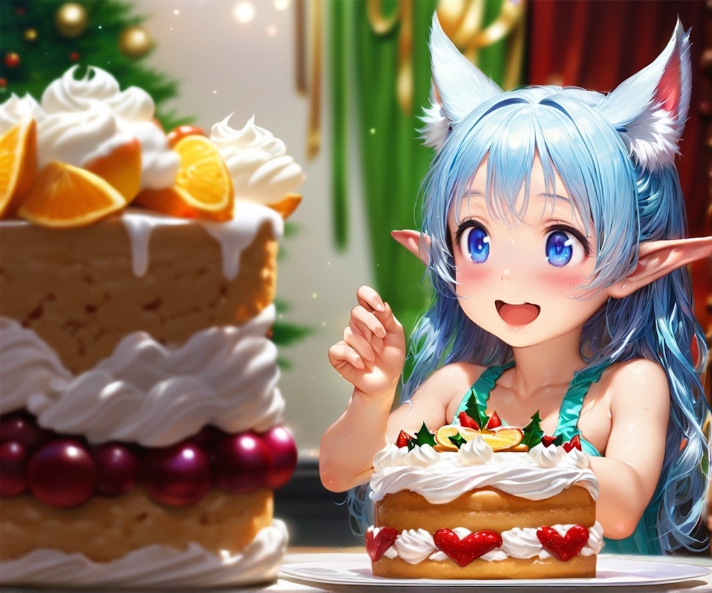 10枚）クリスマスケーキとケモ耳エルフさん