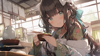 和菓子を作る和服の女の子