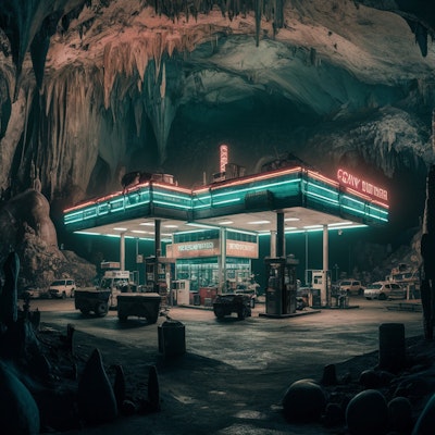 洞窟の中のガソリンスタンド