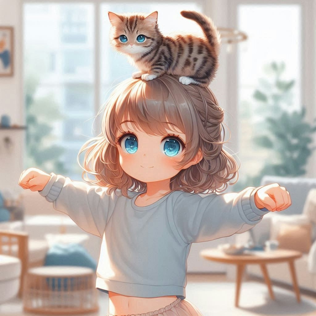 猫を頭に乗せてバランスを取った小さな女の子