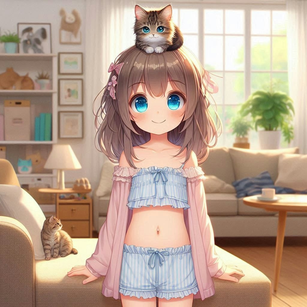 猫を頭に乗せてバランスを取った小さな女の子