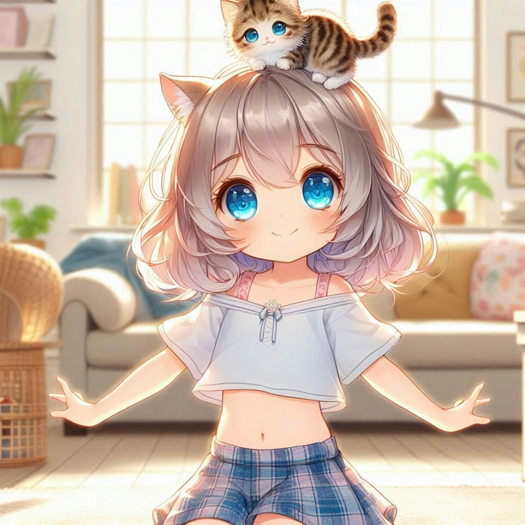 猫を頭に乗せてバランスを取った小さな女の子