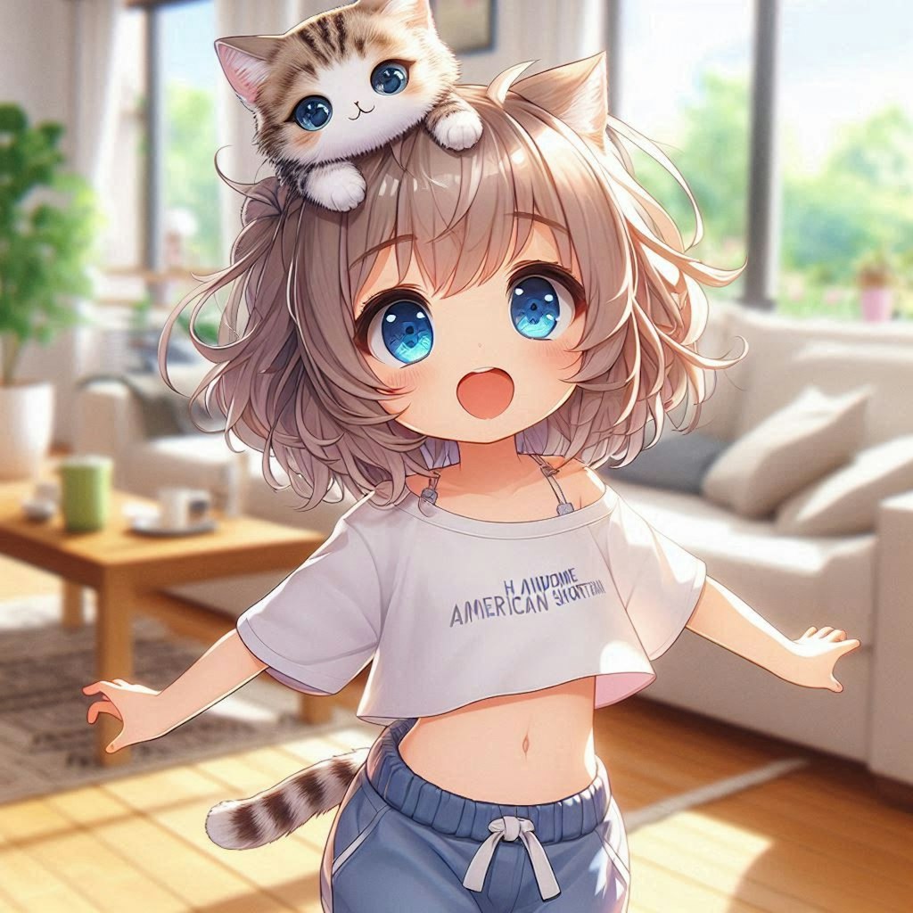 猫を頭に乗せてバランスを取った小さな女の子