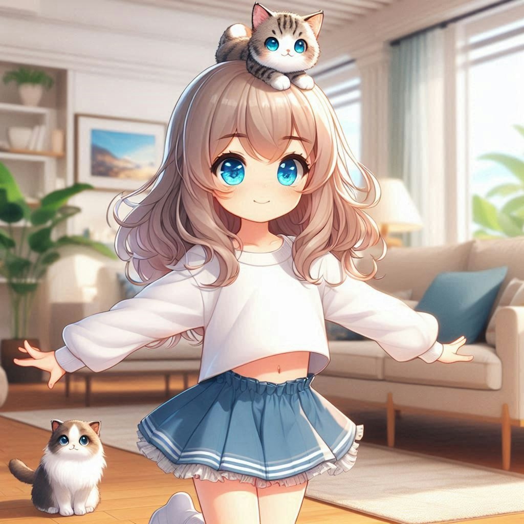 猫を頭に乗せてバランスを取った小さな女の子