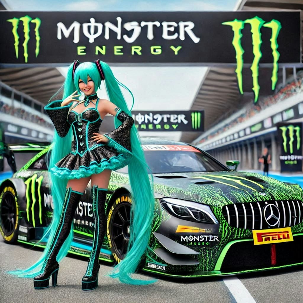 モンスターエナジーカラーメルセデスベンツレーシングカーとチアガール初音ミク