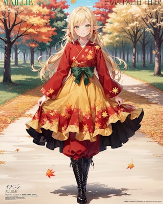 秋模様な着物ドレス姿のエルフ魔女