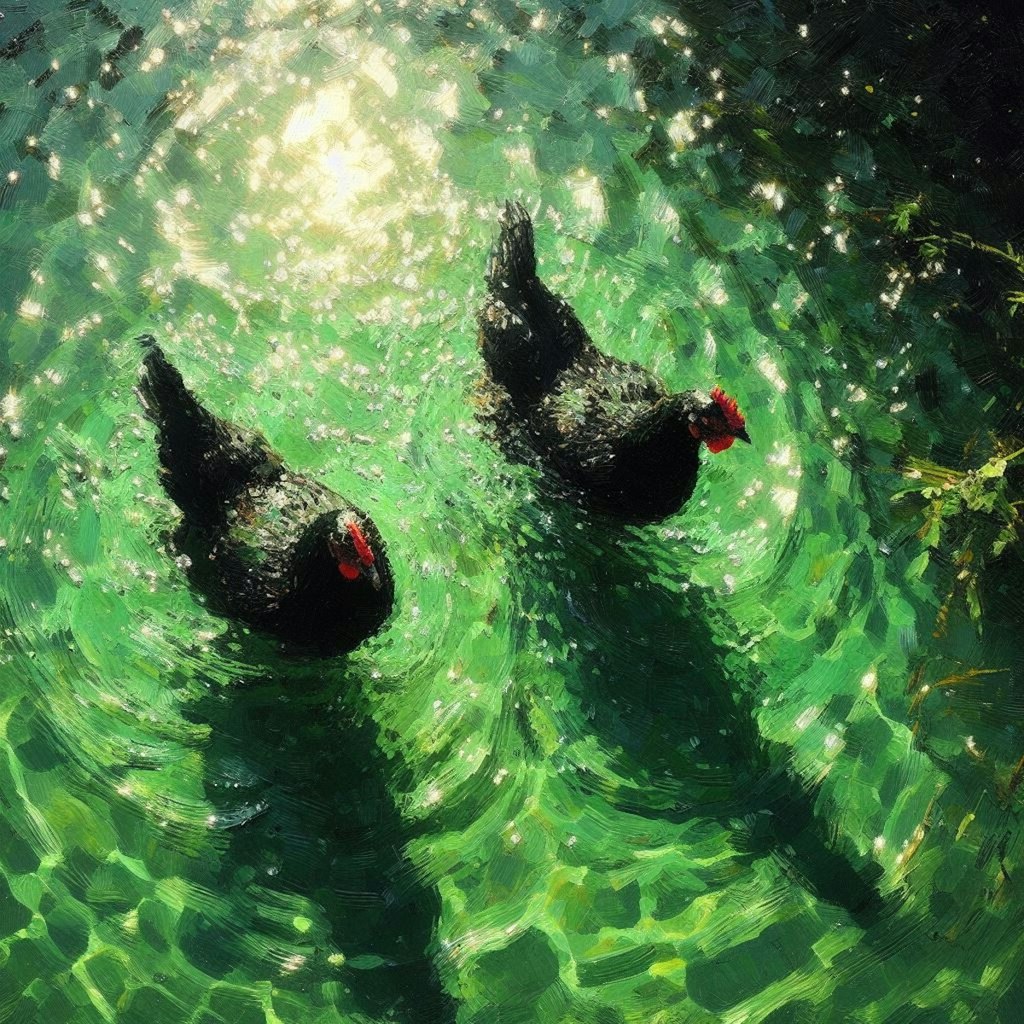 Black hens in green water