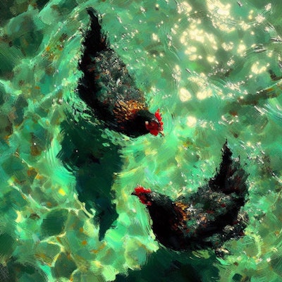 Black hens in green water