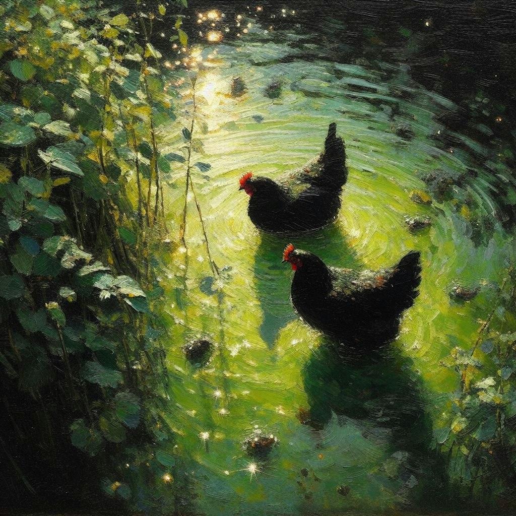 Black hens in green water