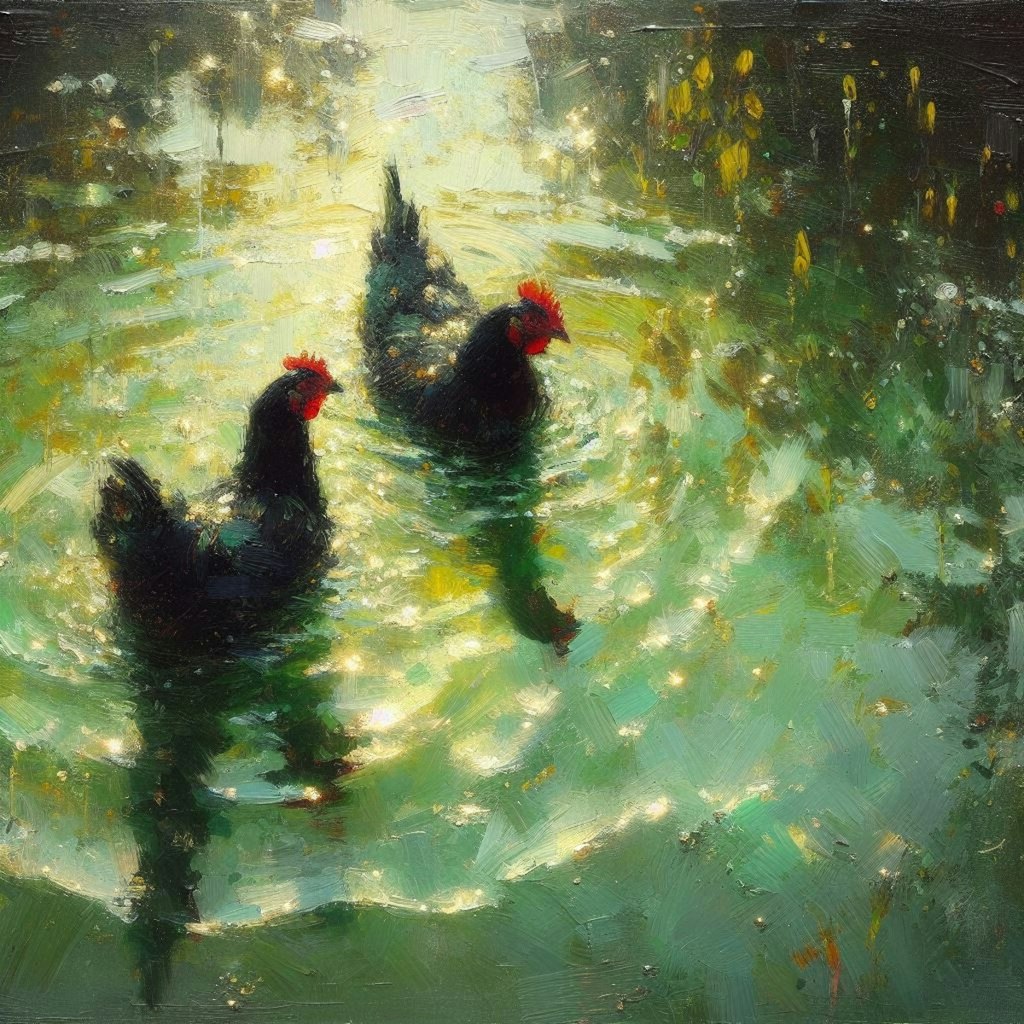 Black hens in green water