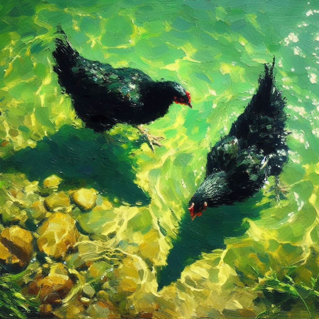 Black hens in green water