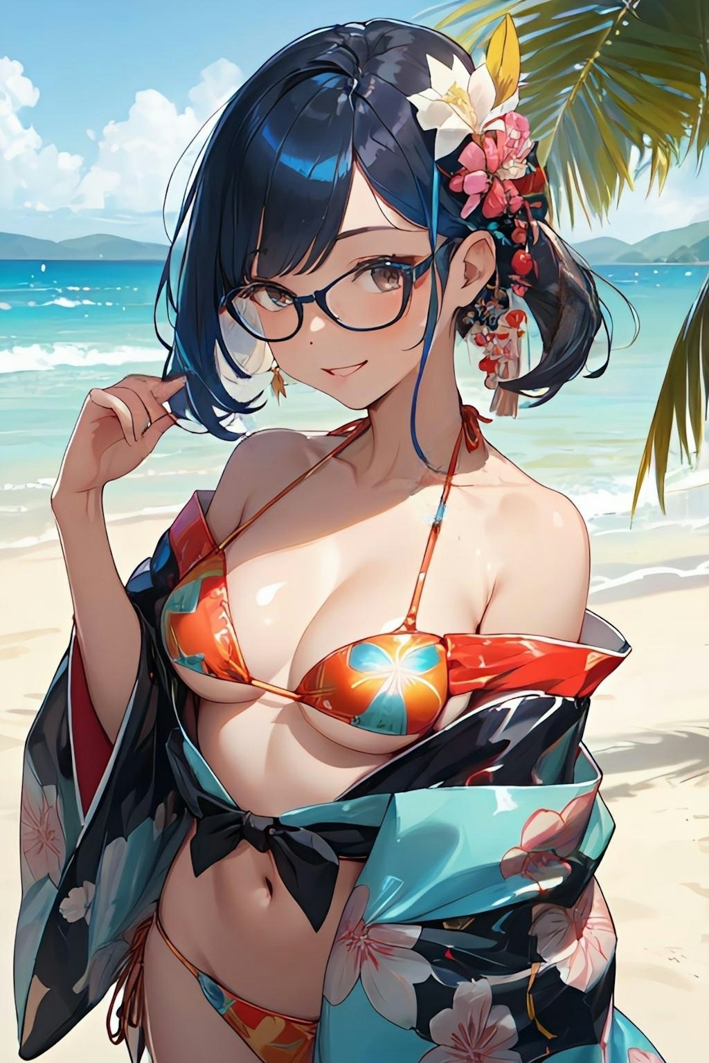 和柄ビキニのお姉さん👘👙