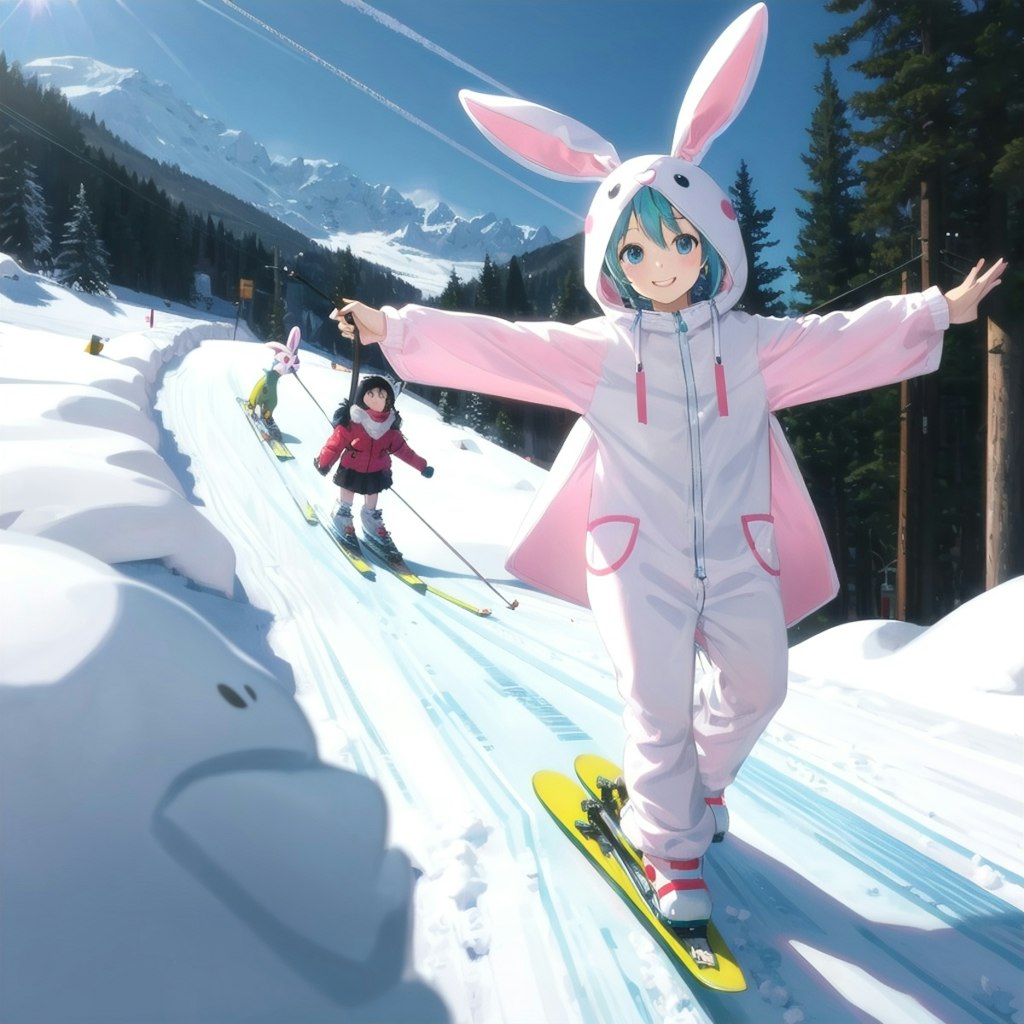 うさぎ🐰の着ぐるみでスキー🎿