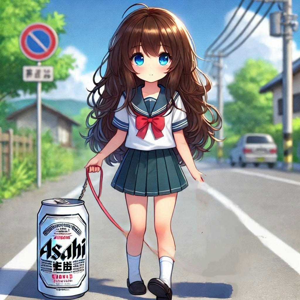 ペットのスーパードライと散歩する小さな女の子