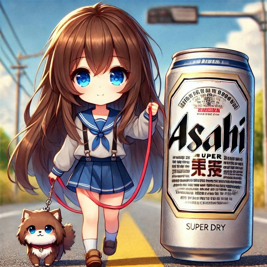 ペットのスーパードライと散歩する小さな女の子