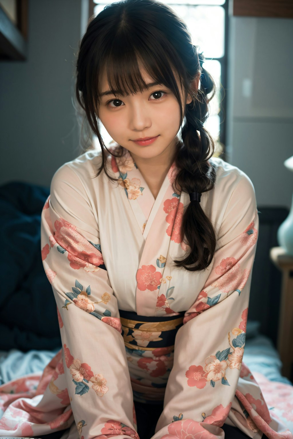ポニーテールの着物の女の子