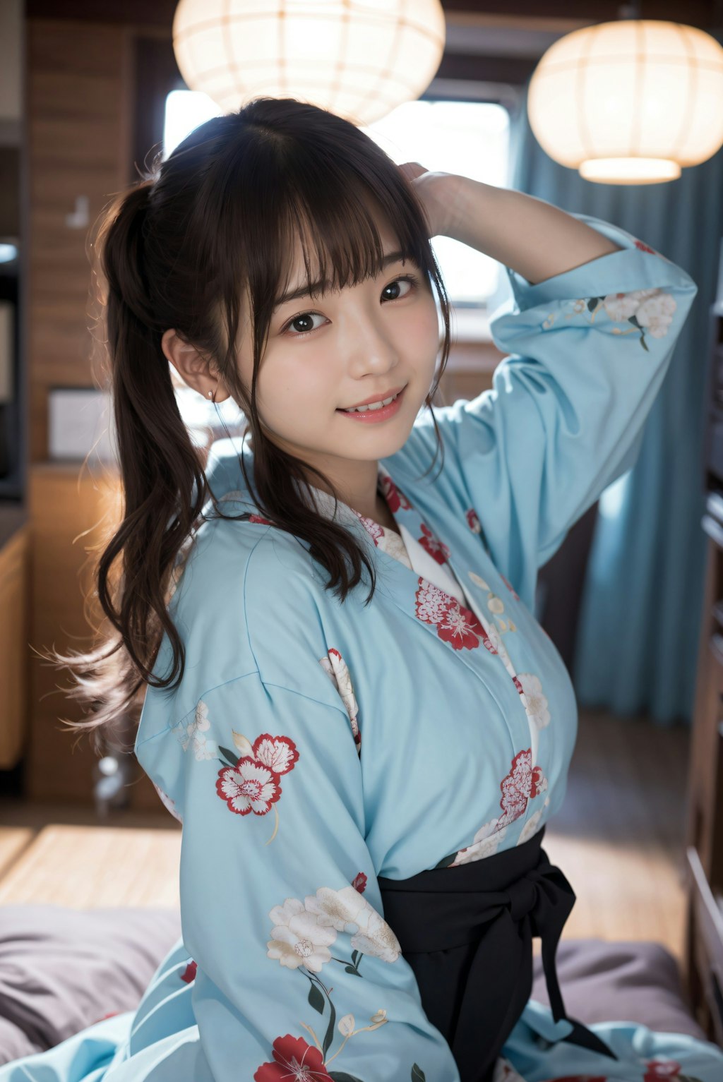ポニーテールの着物の女の子