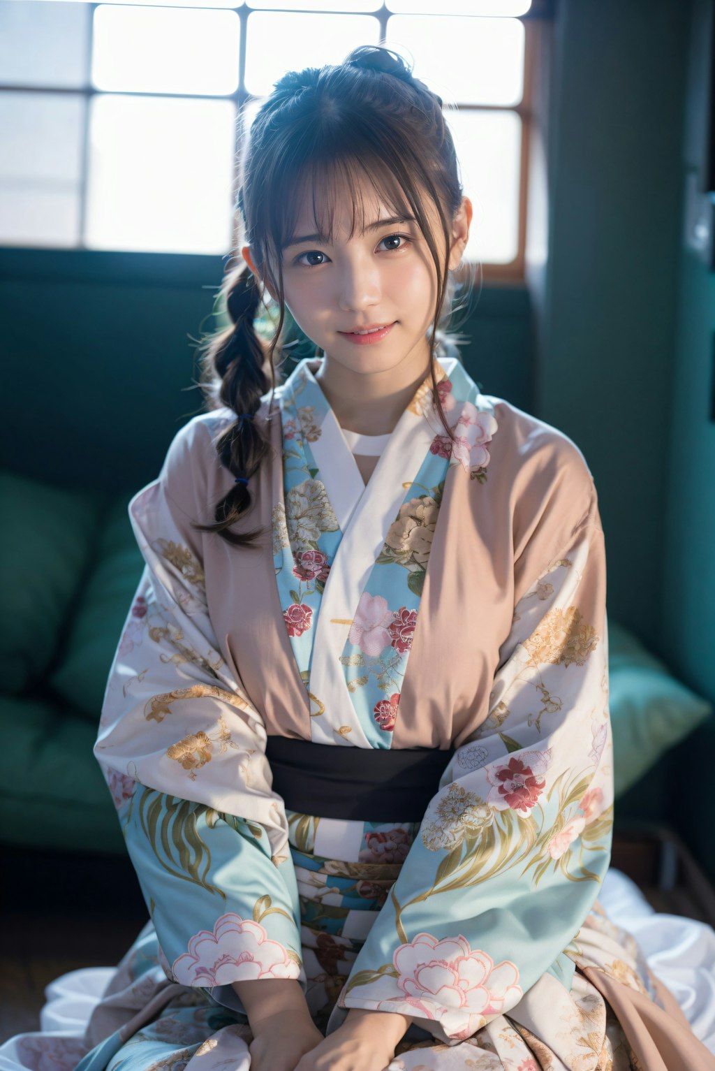 ポニーテールの着物の女の子
