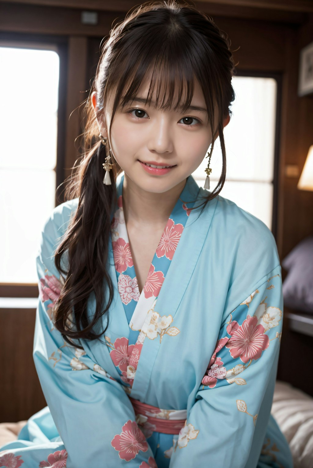 ポニーテールの着物の女の子
